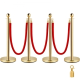 VEVOR Edelstahl Absperrpfosten Seil Abgrenzungsständer Kugelkopf 3 Rote Samtseile Goldene Säule 4 Packung Crowd Control Barriers